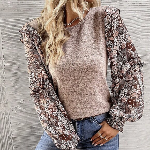 Coffee Brown Casual Women's Crew Neck Floral Blouse - Picture 7 of 7